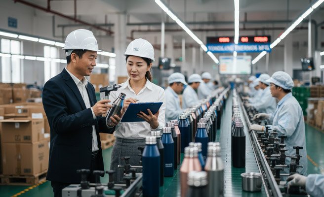 A sourcing agent inspecting a production line of insulated bottles in a Yongkang factory