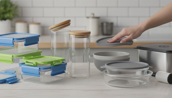 Close-up view of different lid types: snap-lock, screw-top, and silicone press-on.