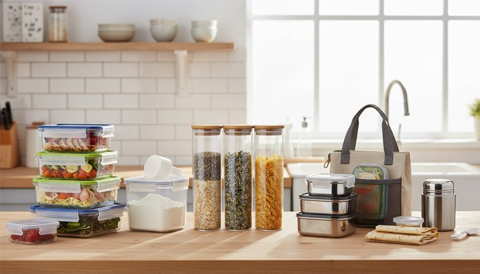 Different functional types of containers: meal prep, pantry storage, and lunch boxes.