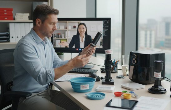 An importer reviewing different kitchen gadget samples from a China supplier