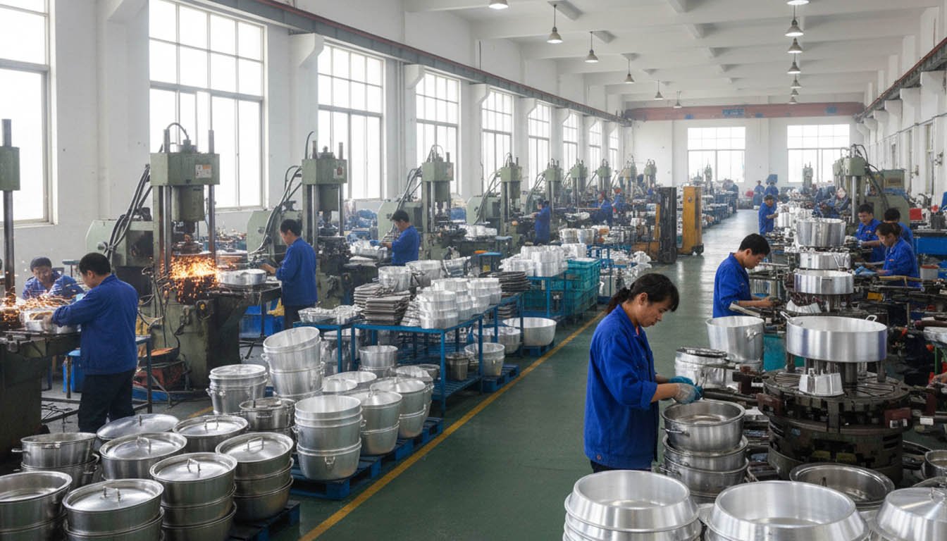 A busy factory floor producing aluminum cookware in Yongkang, China