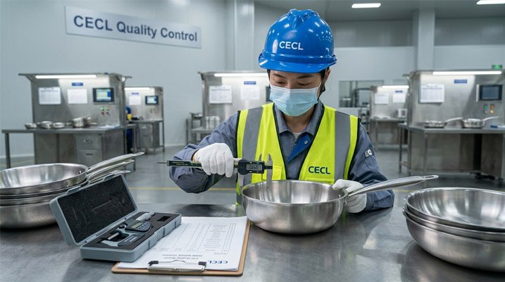 A QC inspector checking the dimensions and finish of a stainless steel pan using calipers