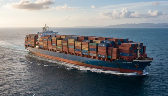 A cargo ship loaded with containers sailing on the ocean, symbolizing international logistics from China