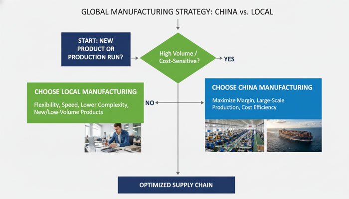 A flowchart helping a business owner decide between China sourcing and local manufacturing