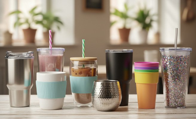 A collection of stainless steel tumblers and water bottles being sourced from China