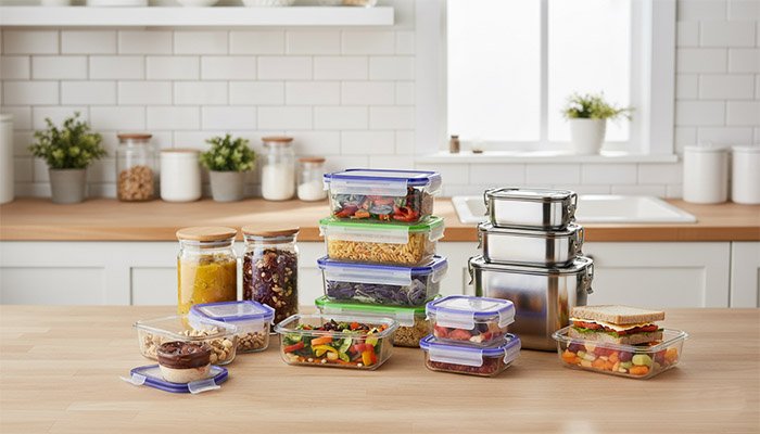 An assortment of plastic, glass, and stainless steel food storage containers ready for sourcing.