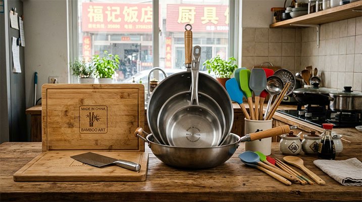 A collection of kitchenware sourced from China, including stainless steel pans, silicone spatulas, and bamboo cutting boards