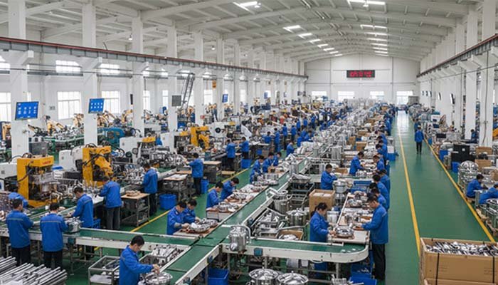 A bustling factory floor in Yongkang, China manufacturing stainless steel kitchenware
