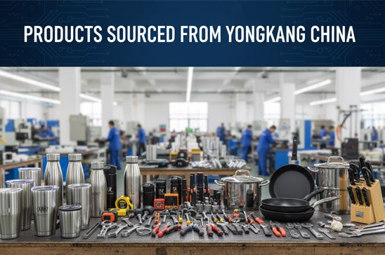 A display of various Yongkang-made products: stainless steel tumblers, hand tools, and kitchen gadgets.